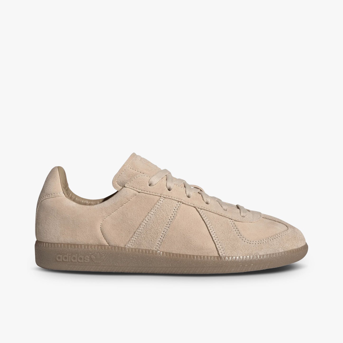 adidas BW Army. Side view of Halo Blush nubuck sneakers with tonal paneled overlays and gum rubber sole. 