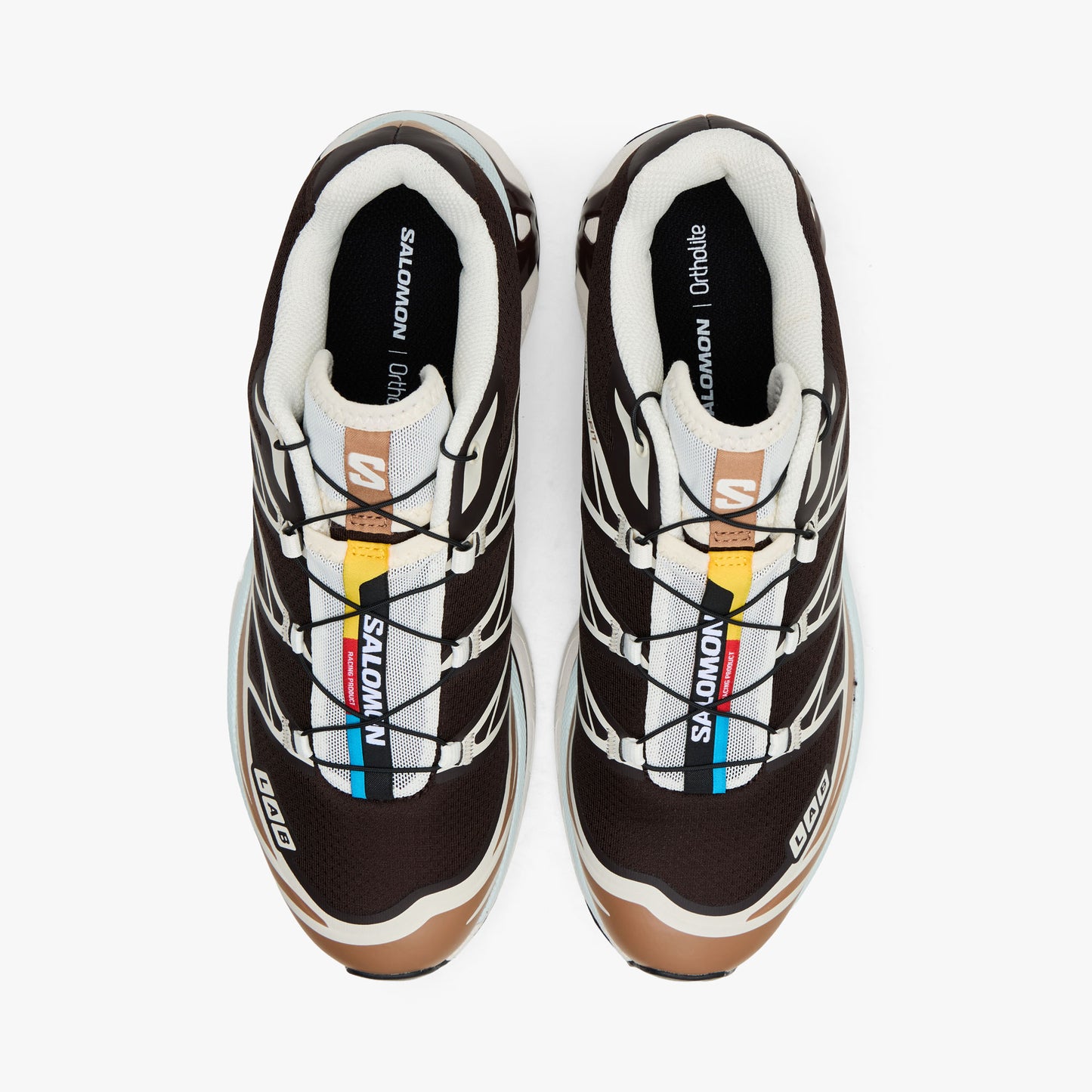 Salomon XT-6 GTX. Top view of Black Coffee coloured trail running shoes showing Quicklace system, lace shroud, and colorful tongue accent strip. 