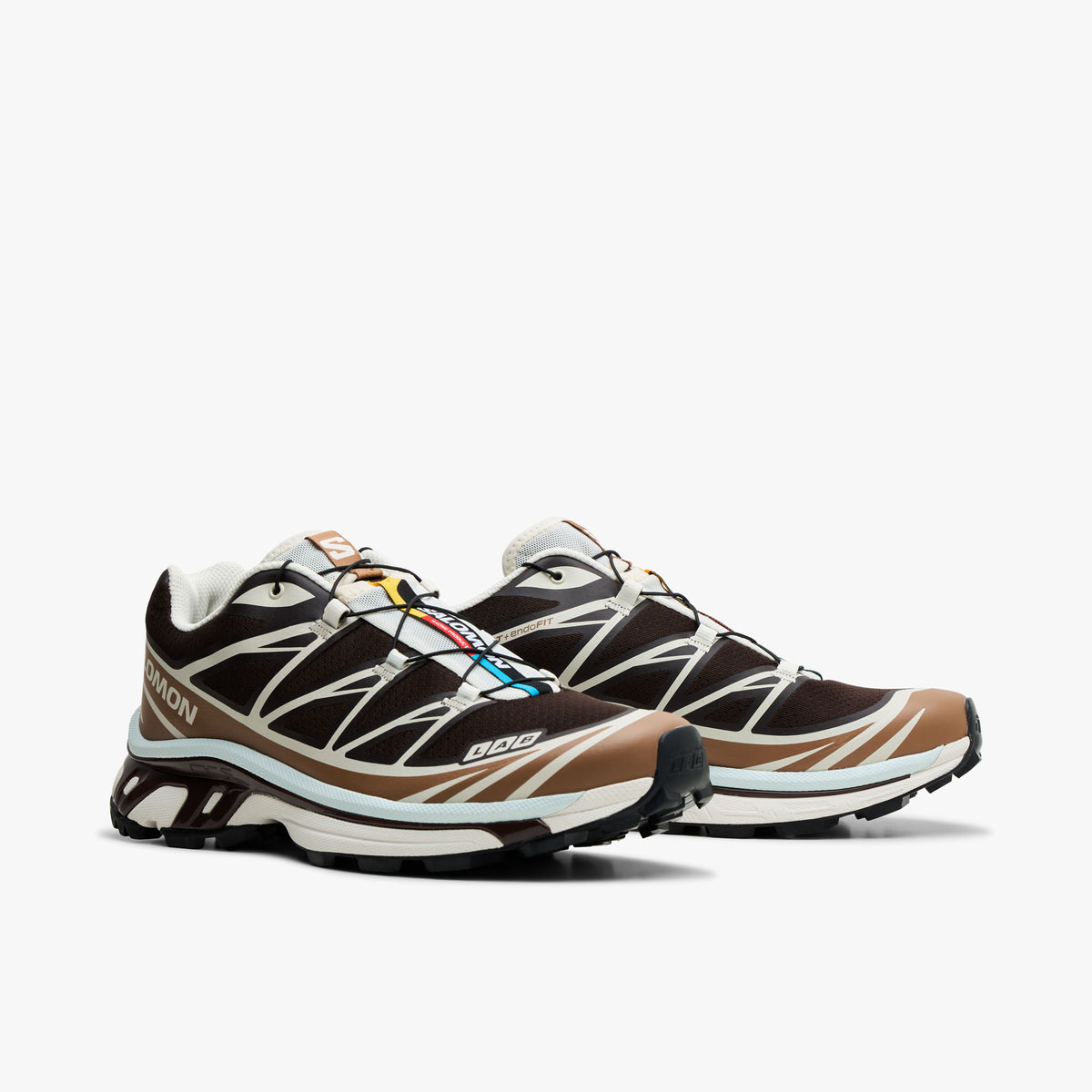 Salomon XT-6 GTX. Three-quarter view of Black Coffee coloured trail running shoes showing LAB toe branding and Quicklace toggle system. 