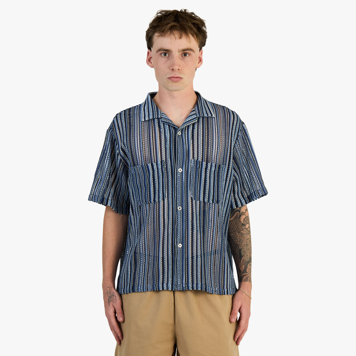Brother Brother Shortsleeve Mesh Cabana Shirt / Blue Vert Stripe