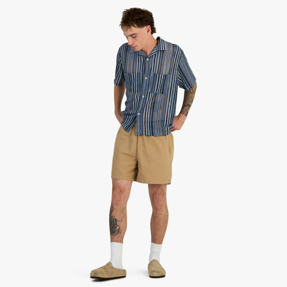Brother Brother Shortsleeve Mesh Cabana Shirt / Blue Vert Stripe
