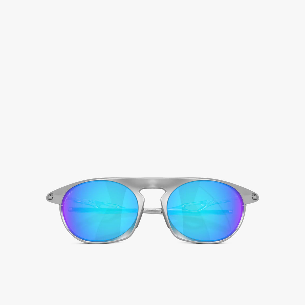 Oakley Neo Jacket. Straight-on front view of satin chrome sunglasses with bright blue mirrored lenses. 