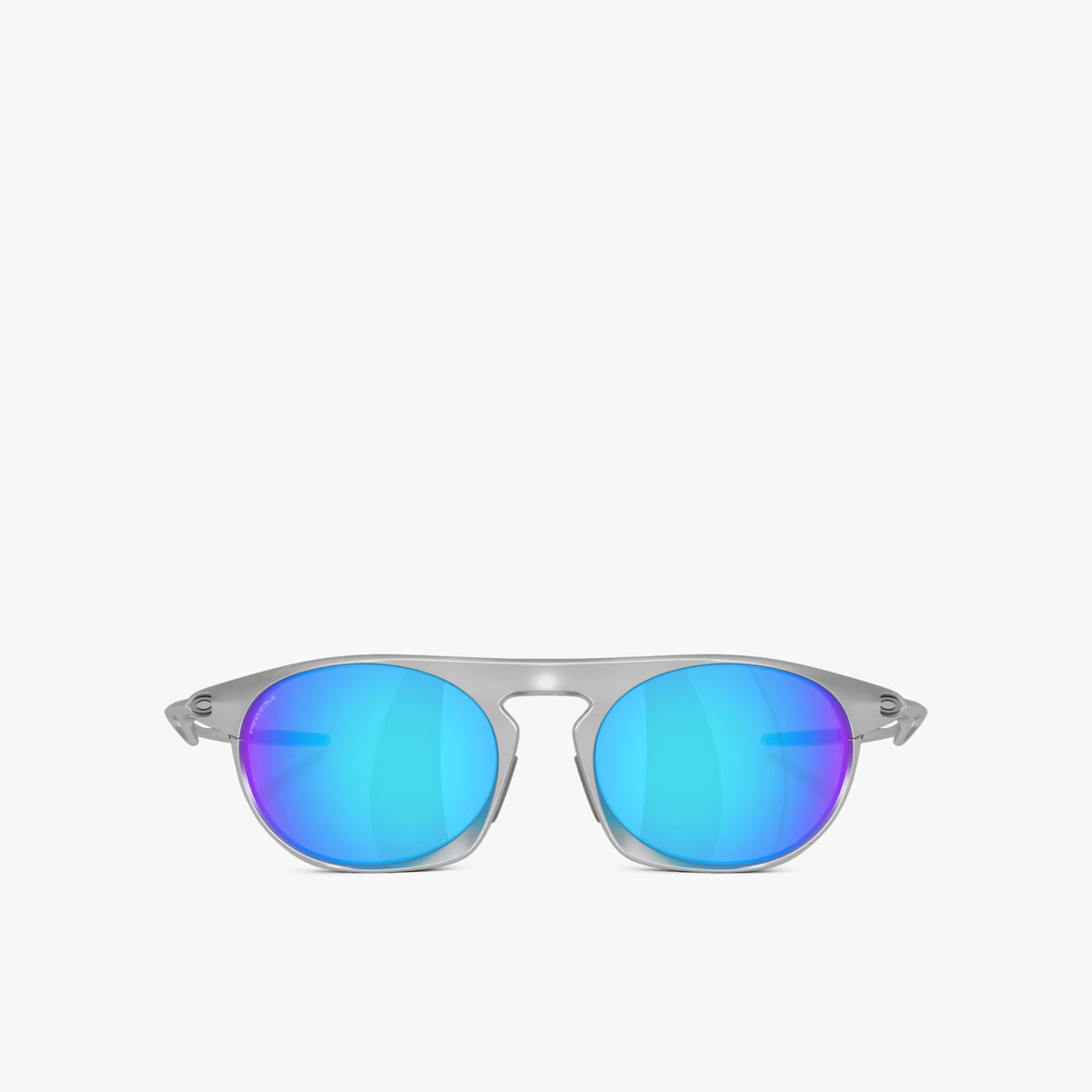 Oakley Neo Jacket. Front view of satin chrome sunglasses with reflective blue Prizm Sapphire mirrored lenses. 