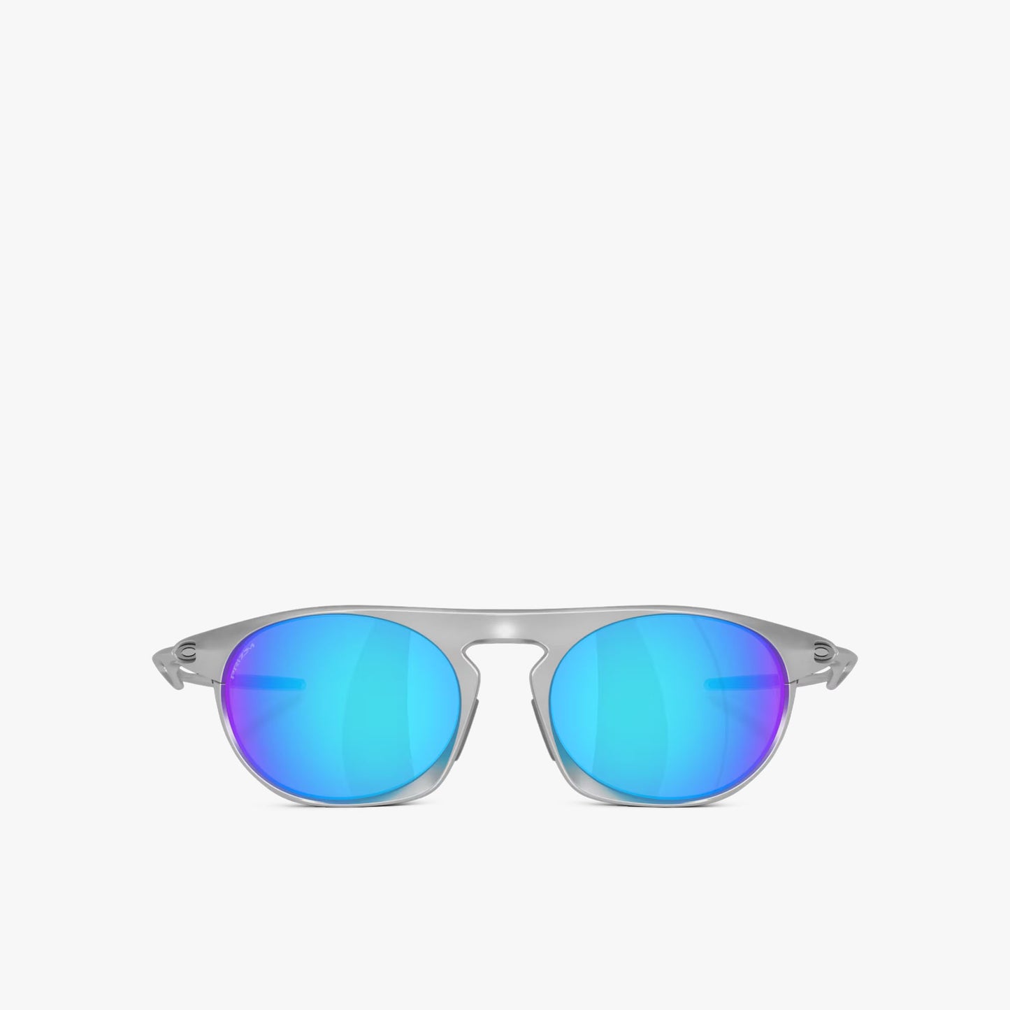 Oakley Neo Jacket. Front view of satin chrome sunglasses with reflective blue Prizm Sapphire mirrored lenses. 