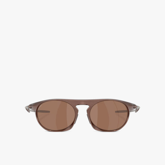 Oakley Neo Jacket. Front view of sculpted matte mahogany frames and dark brown prizm tungsten tinted lenses. 