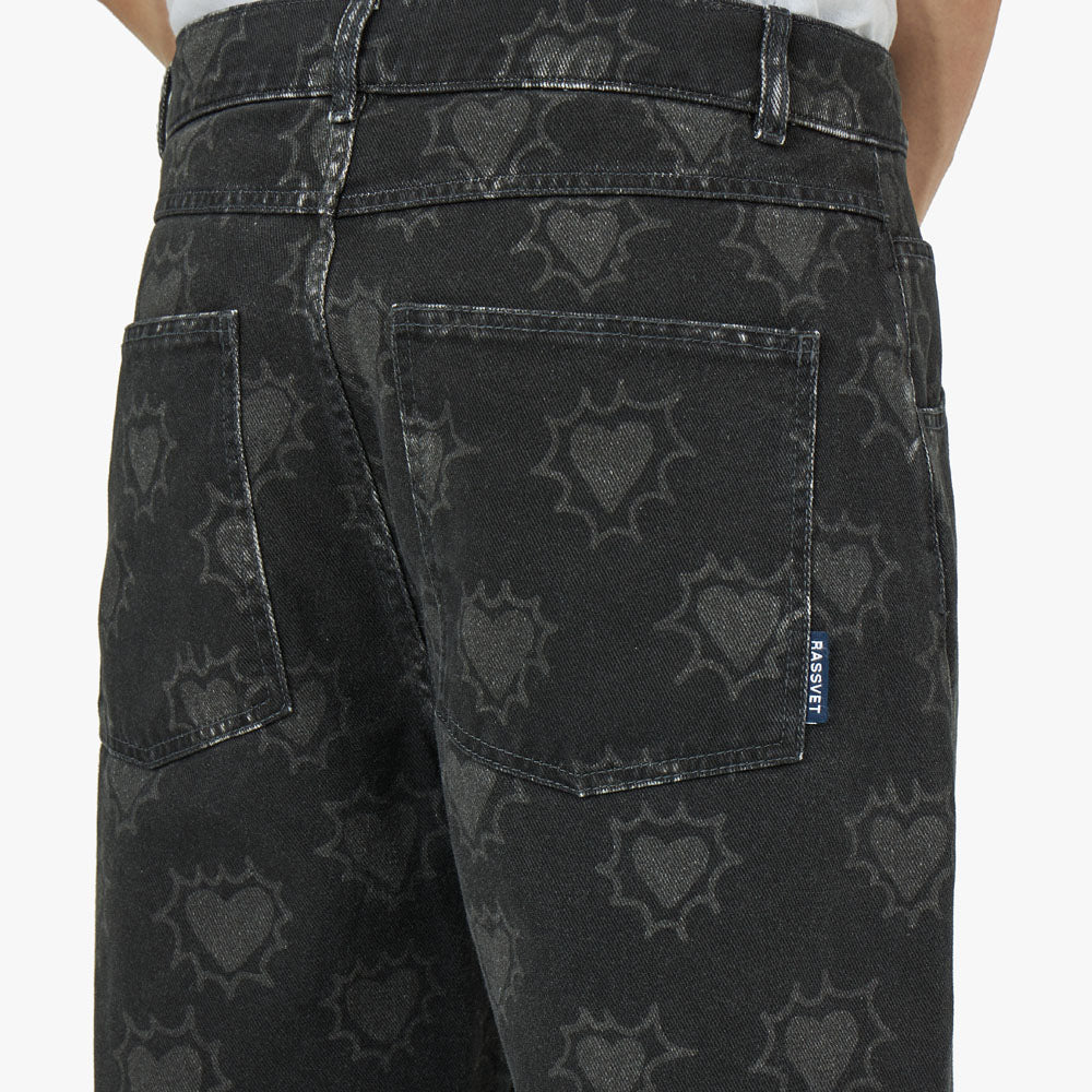 RASSVET (PACCBET) Hearts Print Denim Trousers / Black