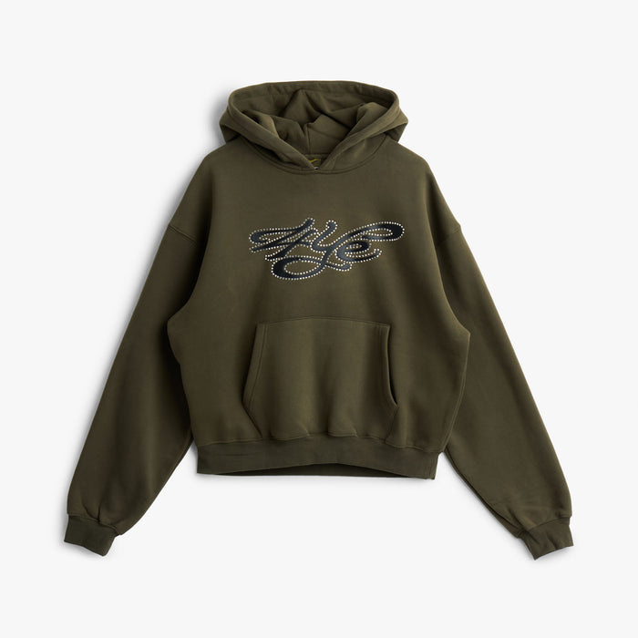 4YE Signature Rhinestone Hoodie / Olive Green 1