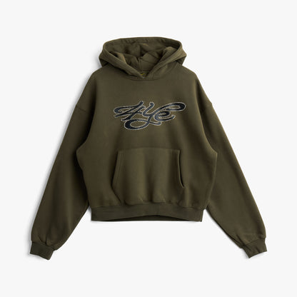 Sweat à capuche 4YE Signature orné de strass / Vert olive