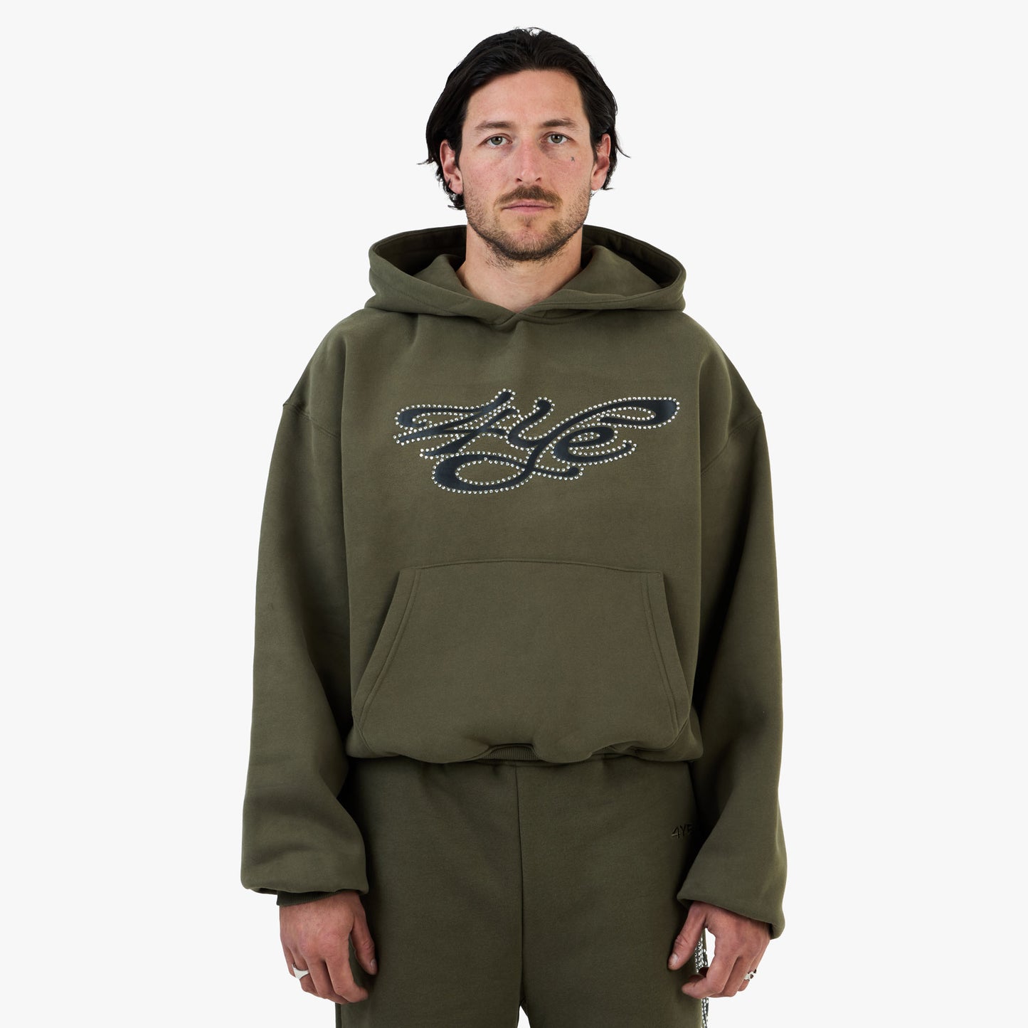 Sweat à capuche 4YE Signature orné de strass / Vert olive