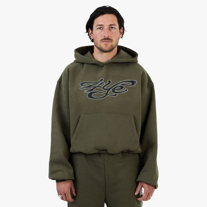Sweat à capuche 4YE Signature orné de strass / Vert olive