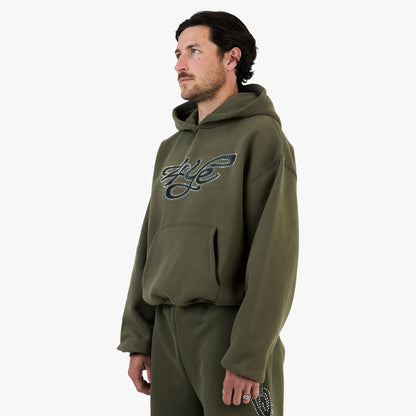 Sweat à capuche 4YE Signature orné de strass / Vert olive