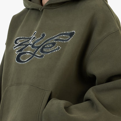 Sweat à capuche 4YE Signature orné de strass / Vert olive