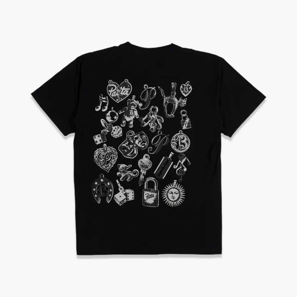 Patta Charm T-Shirt. Flat lay back view showing the black shortsleeve t-shirt with a large white graphic art print on the back featuring a collage of various charm and tattoo-style illustrations, ribbed collar, and shortsleeves. 