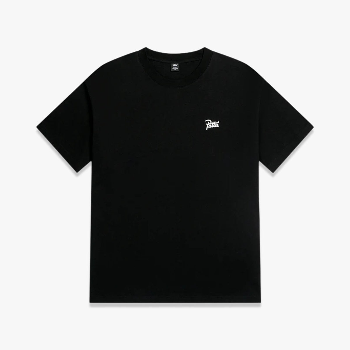Patta Charm T-Shirt. Flat lay front view of a shortsleeve cotton t-shirt featuring a black colourway, small white embroidered Patta script logo on the left chest, ribbed crewneck collar, and straight hemline. 