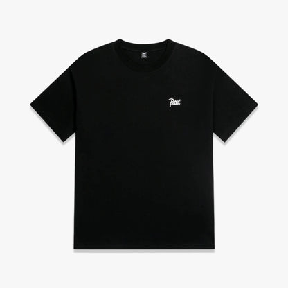 Patta Charm T-Shirt. Flat lay front view of a shortsleeve cotton t-shirt featuring a black colourway, small white embroidered Patta script logo on the left chest, ribbed crewneck collar, and straight hemline. 