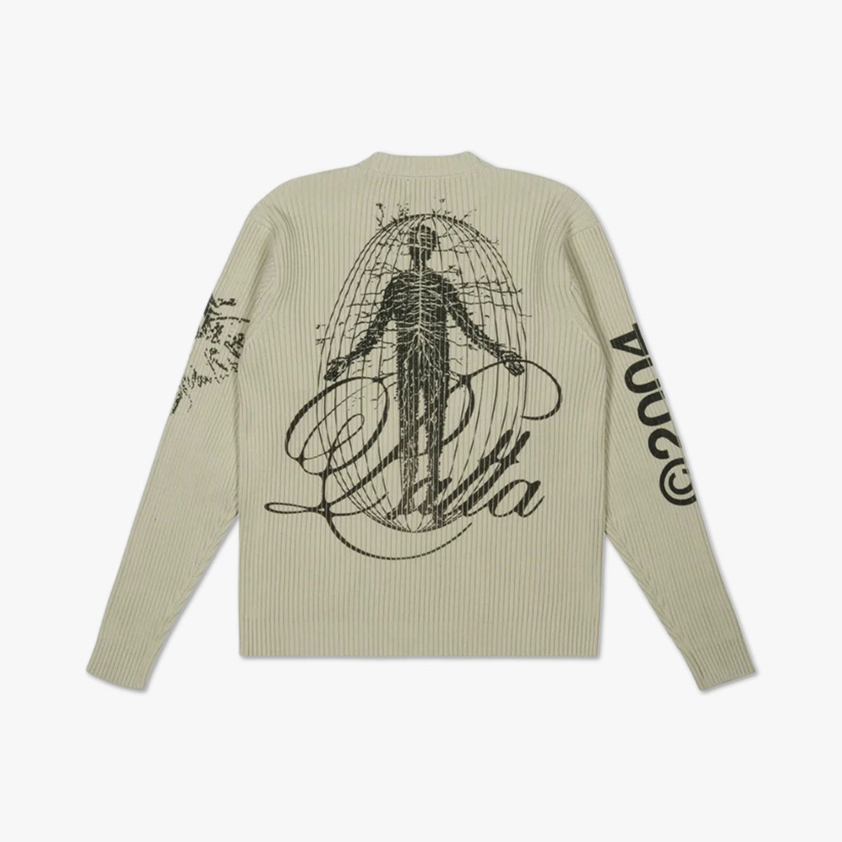 Patta Scorpio Knitted Jumper. Flat lay back view displaying the beige crewneck knit sweater with a large black Vitruvian man anatomical graphic and script logo across the back, along with sleeve graphics on both arms. 