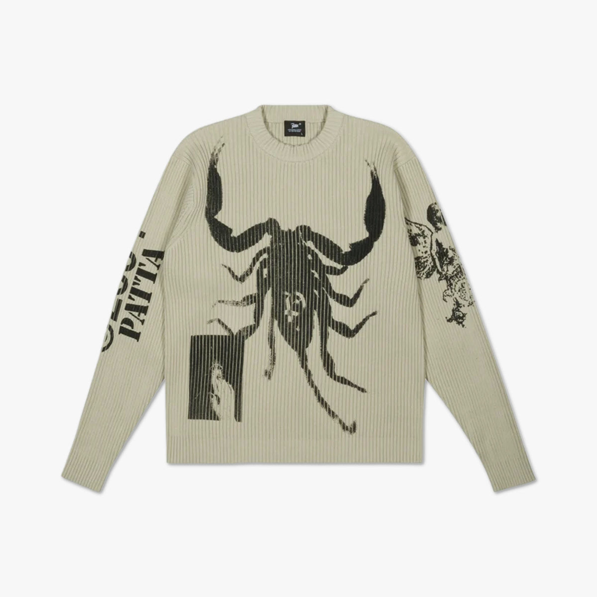 Patta Scorpio Knitted Jumper. Flat lay front view of a long-sleeve knit sweater featuring a beige crewneck knit construction, large black jacquard-woven scorpion graphic across the chest, "PATTA" text graphic on the right sleeve, intricate floral illustration on the left sleeve, ribbed collar, ribbed cuffs, and ribbed hem. 
