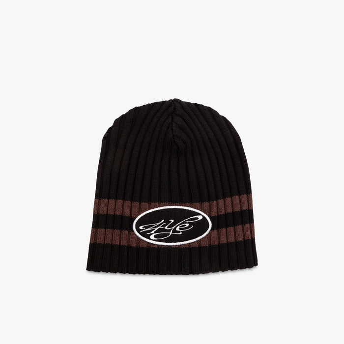 4YE Signature Thick Ribbed Patch Beanie / Black / Brown 1