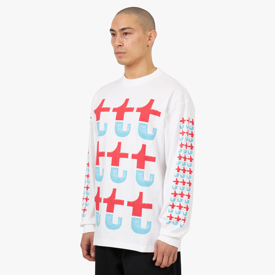 The Trilogy Tapes Red And Blue Split Long Sleeve T-shirt / White