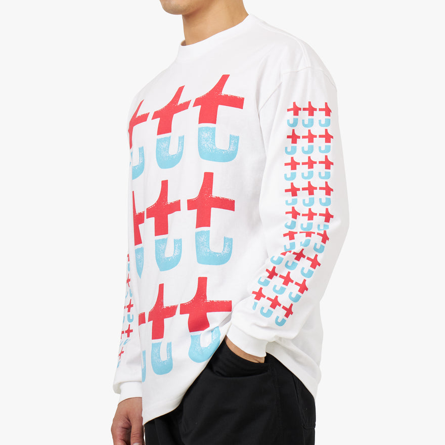 The Trilogy Tapes Red And Blue Split Long Sleeve T-shirt / White