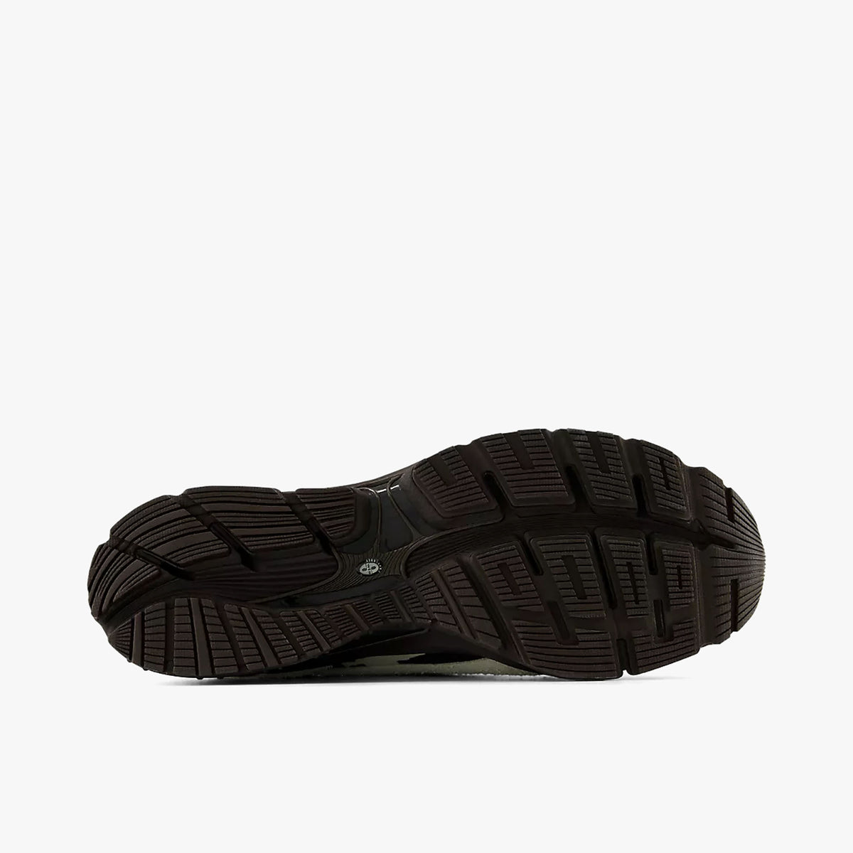 New Balance 1890A Moc-Toe. Bottom view of single shoe displaying a rich earth brown rubber outsole with segmented pod traction design and flex grooves. 