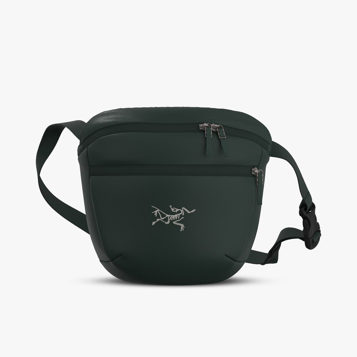 Arc'teryx Mantis 2 Waist Pack. Front view of dark jade nylon waist pack featuring embroidered light teal Arc'teryx bird logo, dual zippered main and front organizer compartments with fabric pull tabs, and an adjustable webbed strap with side-release buckle. 
