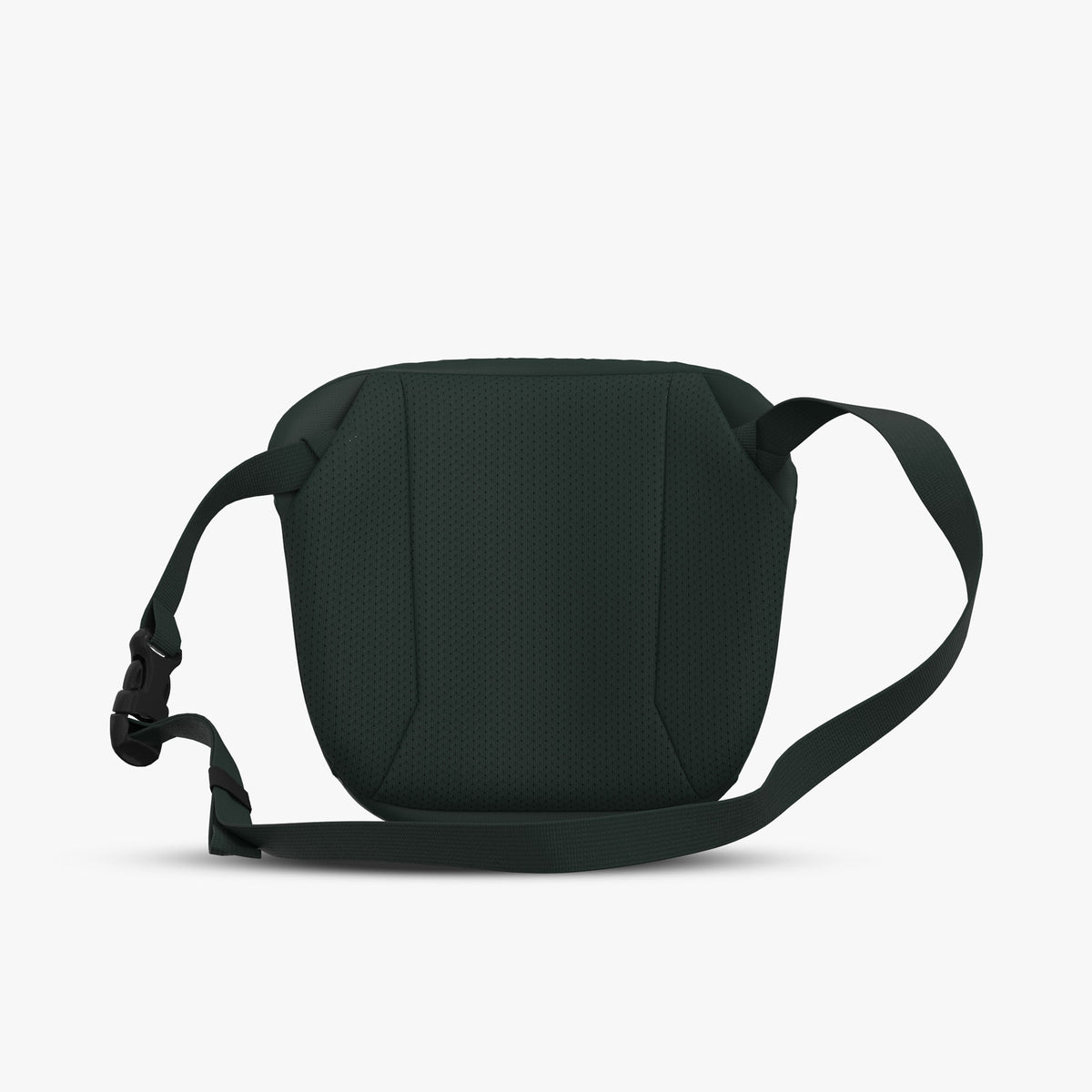 Arc'teryx Mantis 2 Waist Pack. Back view showing dark jade Spacermesh padded back panel with integrated slip pocket and adjustable webbed strap attachments. 