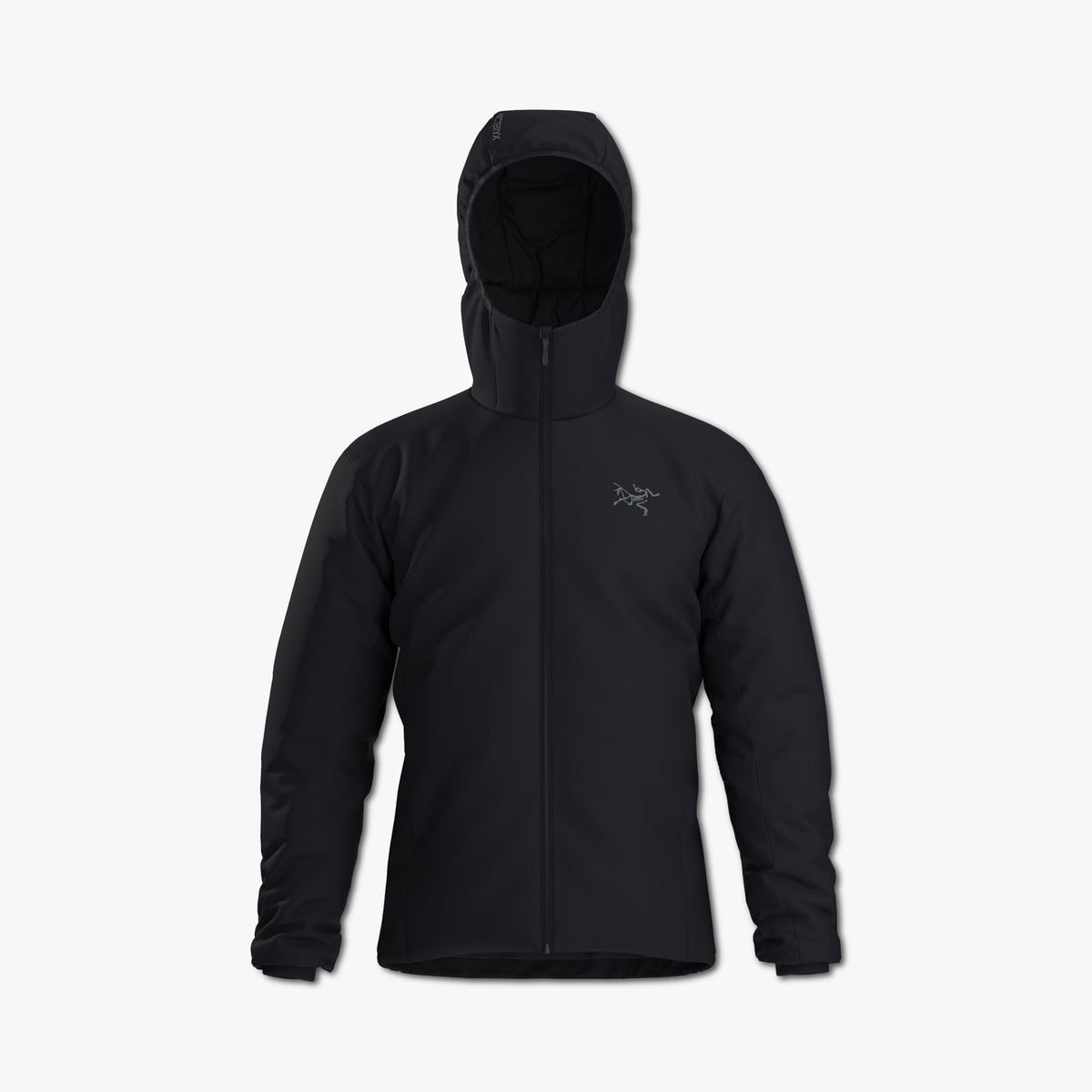 Arc'teryx Atom Hoody. Front view of black lightweight insulated hoody featuring a high-collar StormHood, full front zip closure, tonal Arc'teryx Archaeopteryx bird logo embroidered on the left chest, and stretch fleece side panels. 