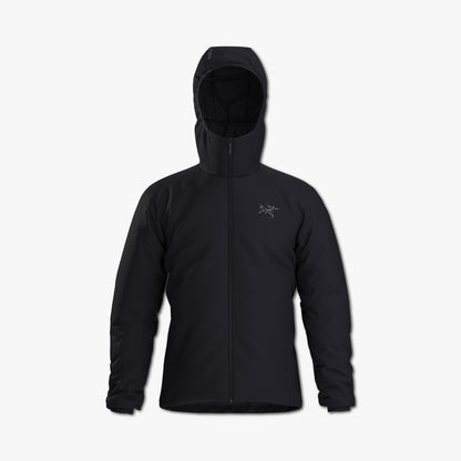Arc'teryx Atom Hoody. Front view of black lightweight insulated hoody featuring a high-collar StormHood, full front zip closure, tonal Arc'teryx Archaeopteryx bird logo embroidered on the left chest, and stretch fleece side panels. 