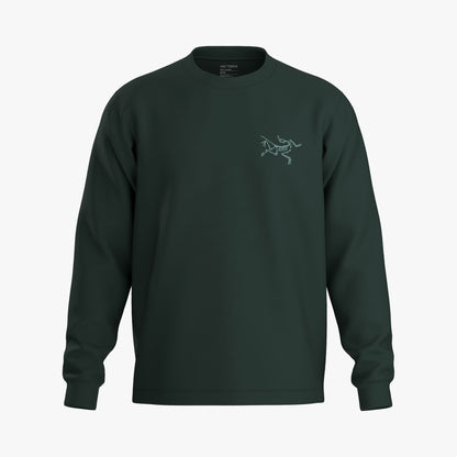 Arc'teryx Kragg Longsleeve. Front view of dark jade longsleeve shirt featuring a crewneck collar, fitted cuffs, and light teal Arc'teryx Archaeopteryx bird logo printed on the left chest. 