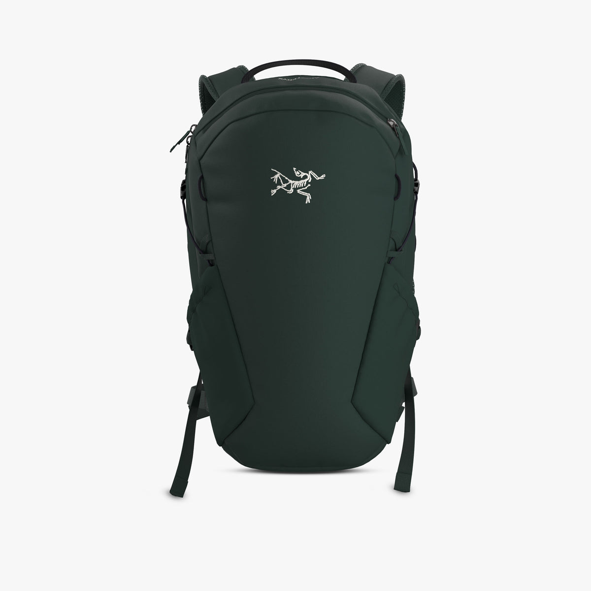 Arc'teryx Mantis 16 Backpack. Front view of dark jade recycled polyester daypack featuring embroidered Arc'teryx Archaeopteryx bird logo on the main panel, top zip access, side stretch water bottle pockets, top grab handle, and adjustable shoulder straps. 