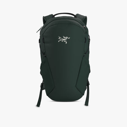 Arc'teryx Mantis 16 Backpack. Front view of dark jade recycled polyester daypack featuring embroidered Arc'teryx Archaeopteryx bird logo on the main panel, top zip access, side stretch water bottle pockets, top grab handle, and adjustable shoulder straps. 