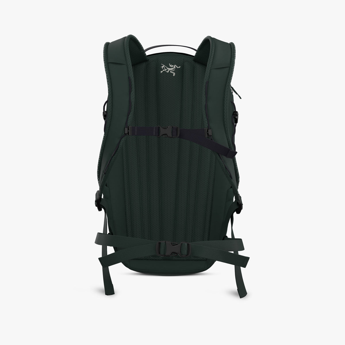 Arc'teryx Mantis 16 Backpack. Back view showing dark jade padded back panel with frame sheet, padded shoulder straps with Archaeopteryx logo embroidery, adjustable sternum strap, and removable webbed waist belt. 