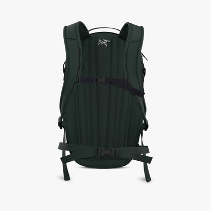 Arc'teryx Mantis 16 Backpack. Back view showing dark jade padded back panel with frame sheet, padded shoulder straps with Archaeopteryx logo embroidery, adjustable sternum strap, and removable webbed waist belt. 