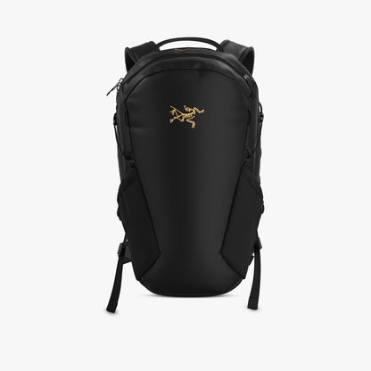 Arc'teryx Mantis 16 Backpack. Front view of black recycled polyester daypack featuring embroidered gold Arc'teryx bird logo on the panel, top panel zipper access, side stretch water bottle pockets, top grab handle, and adjustable shoulder straps. 