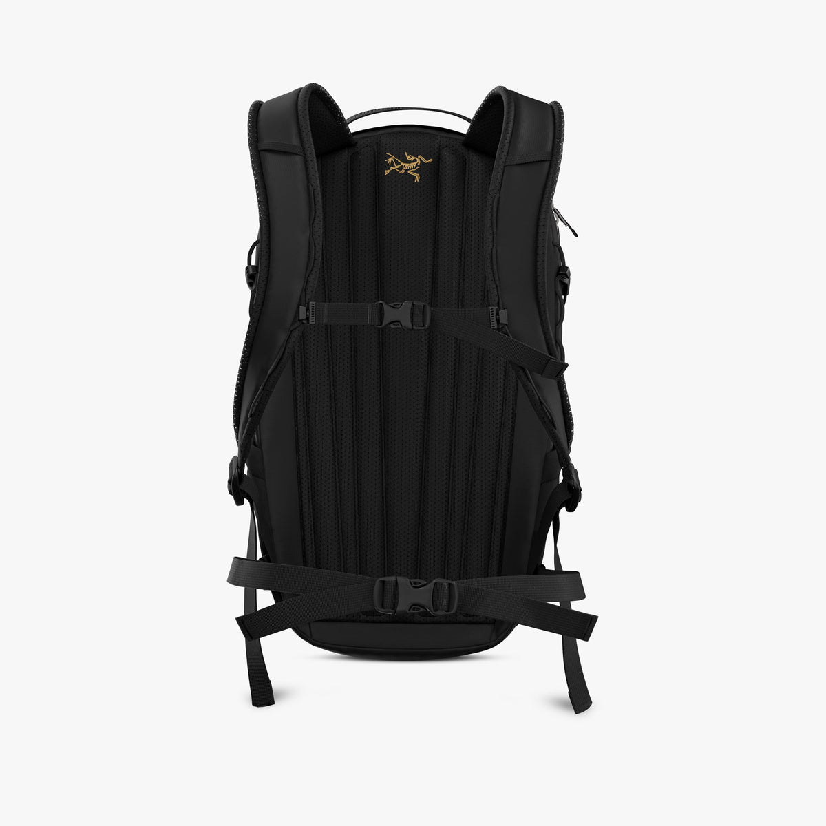 Arc'teryx Mantis 16 Backpack. Back view showing black padded back panel with frame sheet, padded shoulder straps with gold Archaeopteryx logo embroidery, adjustable sternum strap, and removable waist belt. 