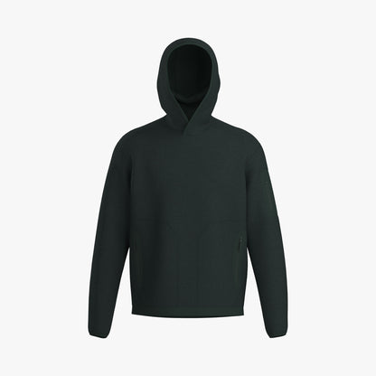 Arc'teryx Covert Pullover Hoody. Front view of dark jade heather technical fleece pullover featuring an integrated scuba hood with overlapping collar, longsleeves, and a clean straight hem finish. 
