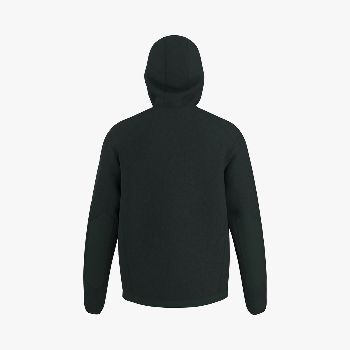 Arc'teryx Covert Pullover Hoody. Back view showing full dark jade heather fleece body, fitted hood, clean shoulder panelling, and straight hem line. 