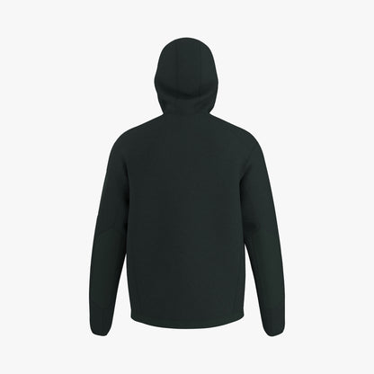 Arc'teryx Covert Pullover Hoody. Back view showing full dark jade heather fleece body, fitted hood, clean shoulder panelling, and straight hem line. 