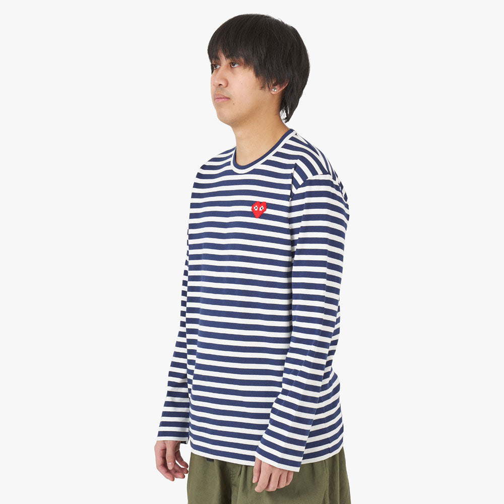COMME des GARCONS PLAY Invader Heart Striped LS T-shirt Navy
